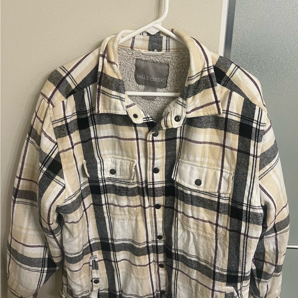 Falls Creek Cream, Black & Purple Plaid Sherpa-Lined Jacket
